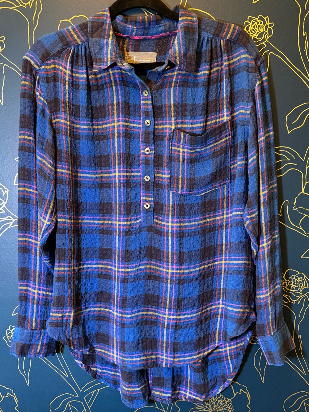 By Anthropologie popover BLUE FLANNEL plaid long sleeve shirt MEDIUM